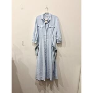 Gabriela Hearst Linen Maxi Shirt Dress with Crochet Pockets Light Blue 46 / 10